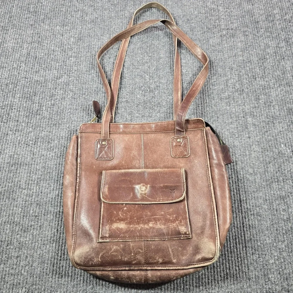 VTG Frye Tote Bag Womens Medium Brown Distressed Leather Zip Closure Coin Purse